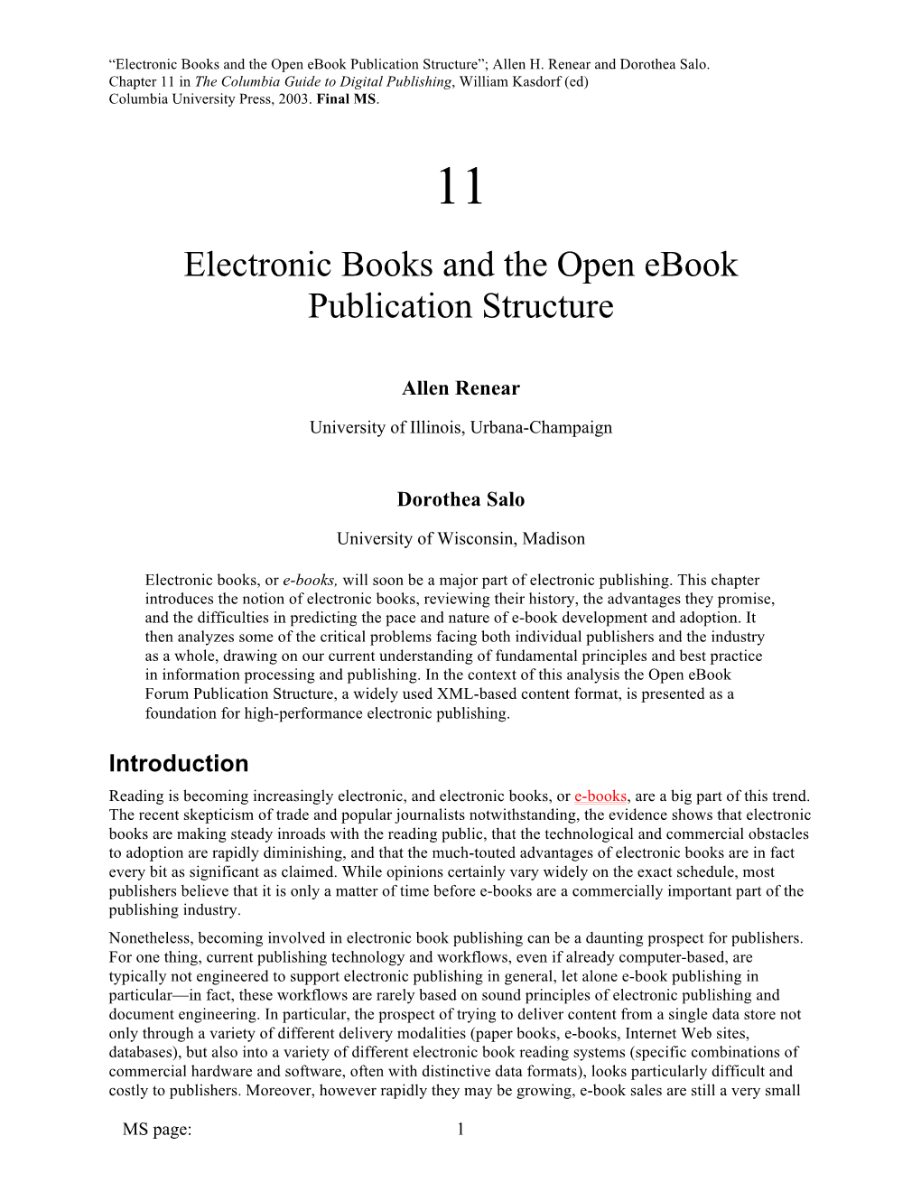 Electronic Books and the Open Ebook Publication Structure”; Allen H