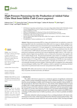 High-Pressure Processing for the Production of Added-Value Claw Meat from Edible Crab (Cancer Pagurus)