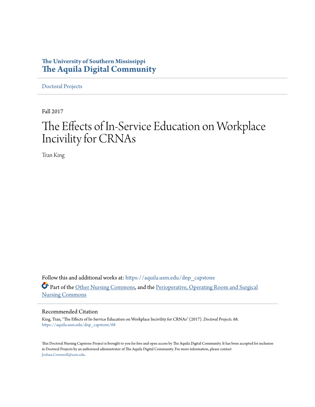 The Effects of In-Service Education on Workplace Incivility for Crnas" (2017)