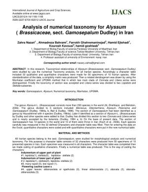 Analysis of Numerical Taxonomy for Alyssum ( Brassicaceae, Sect