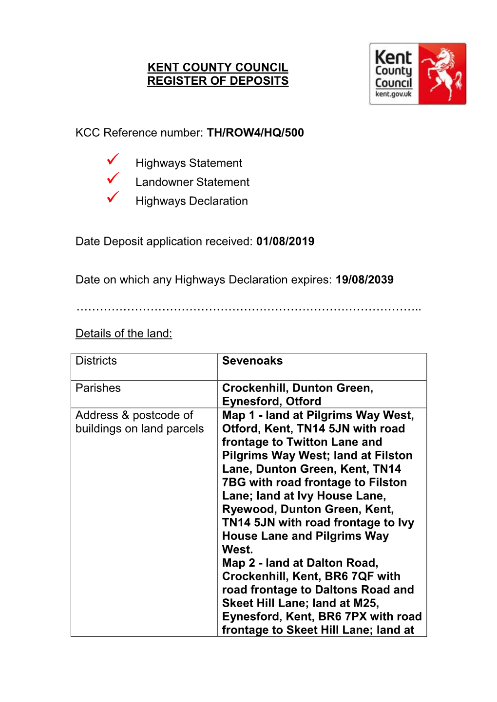 TH ROW4 HQ 500 Crockenhill Dunton Green Eynsford Otford Statements