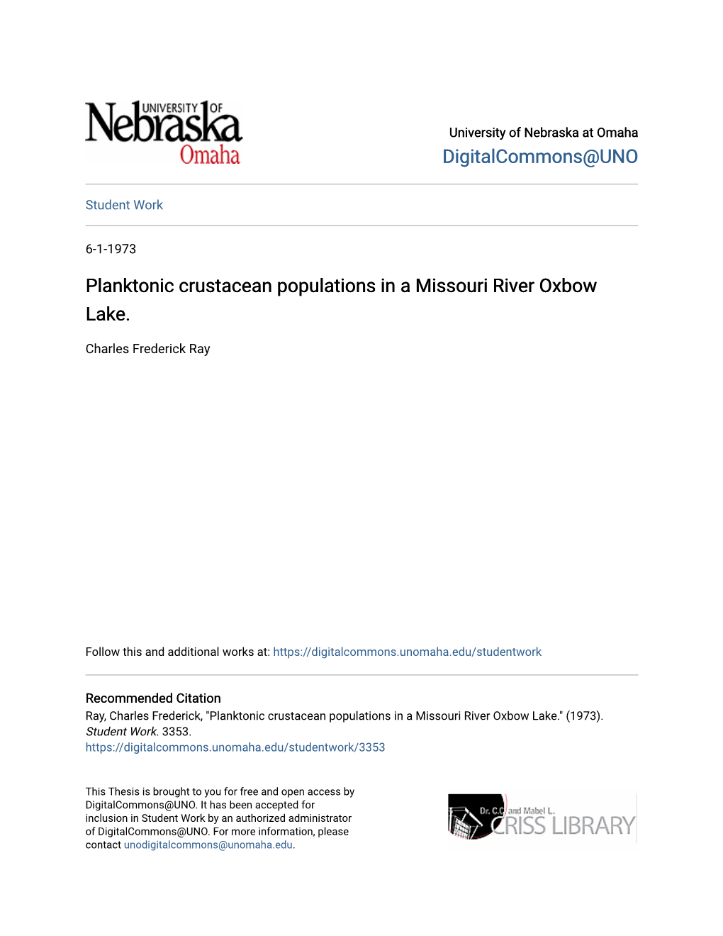 Planktonic Crustacean Populations in a Missouri River Oxbow Lake