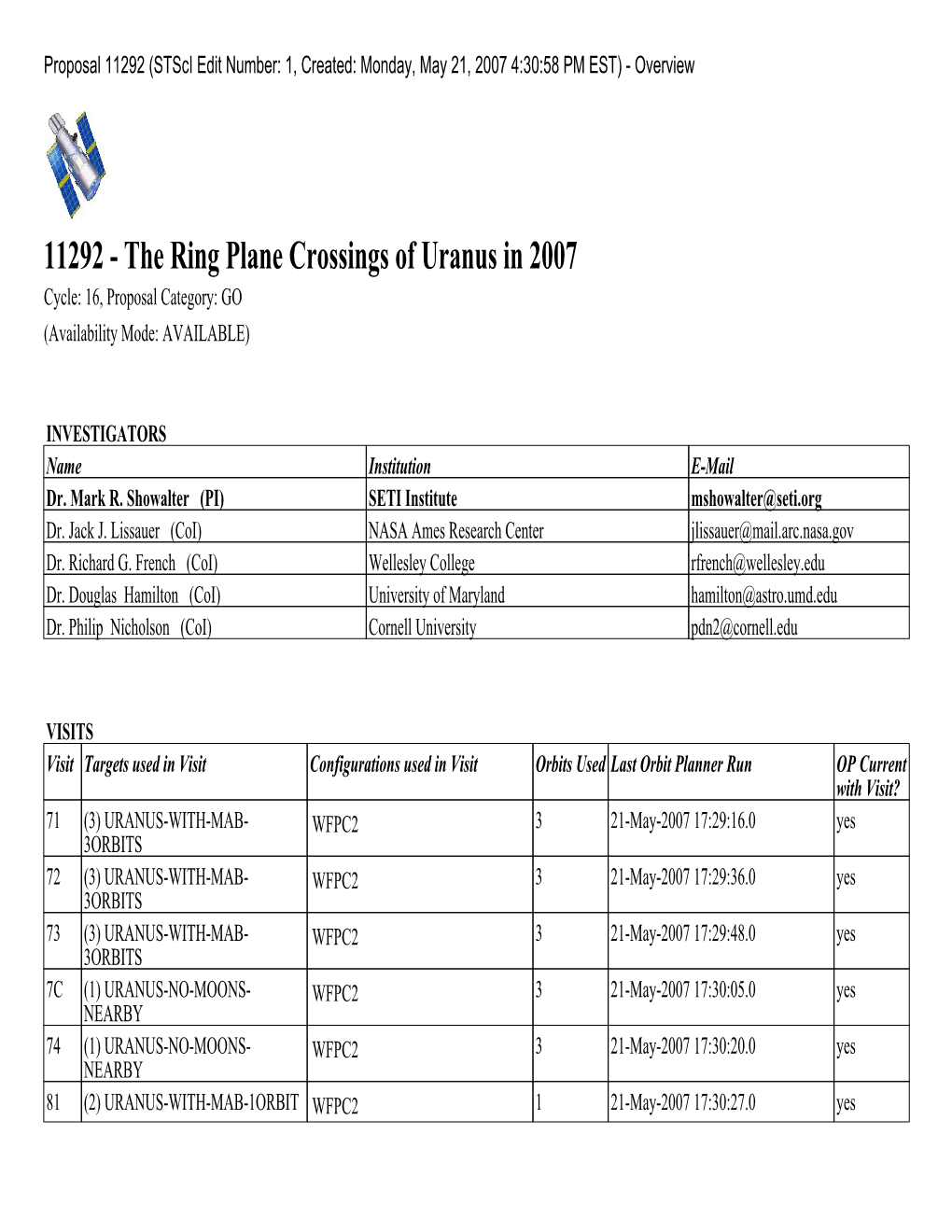 11292 (Stsci Edit Number: 1, Created: Monday, May 21, 2007 4:30:58 PM EST) - Overview