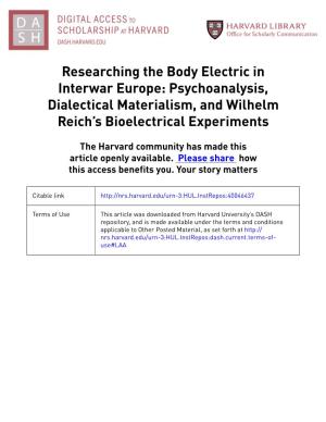 Psychoanalysis, Dialectical Materialism, and Wilhelm Reich’S Bioelectrical Experiments