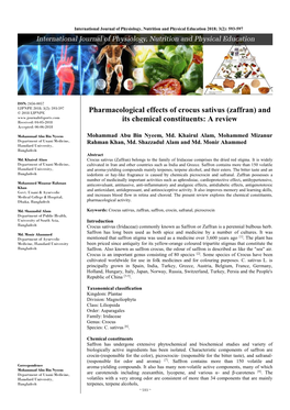 Pharmacological Effects of Crocus Sativus (Zaffran) and Its Chemical