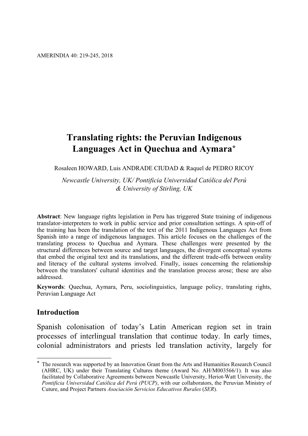 The Peruvian Indigenous Languages Act in Quechua and Aymara*