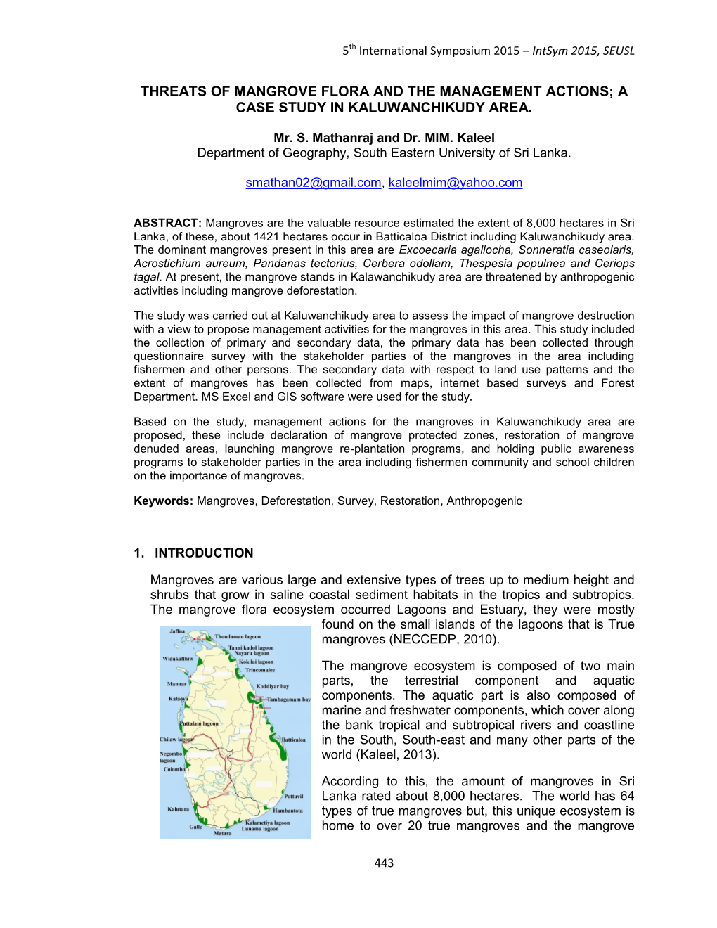 Threats of Mangrove Flora and the Management Actions; a Case Study in Kaluwanchikudy Area