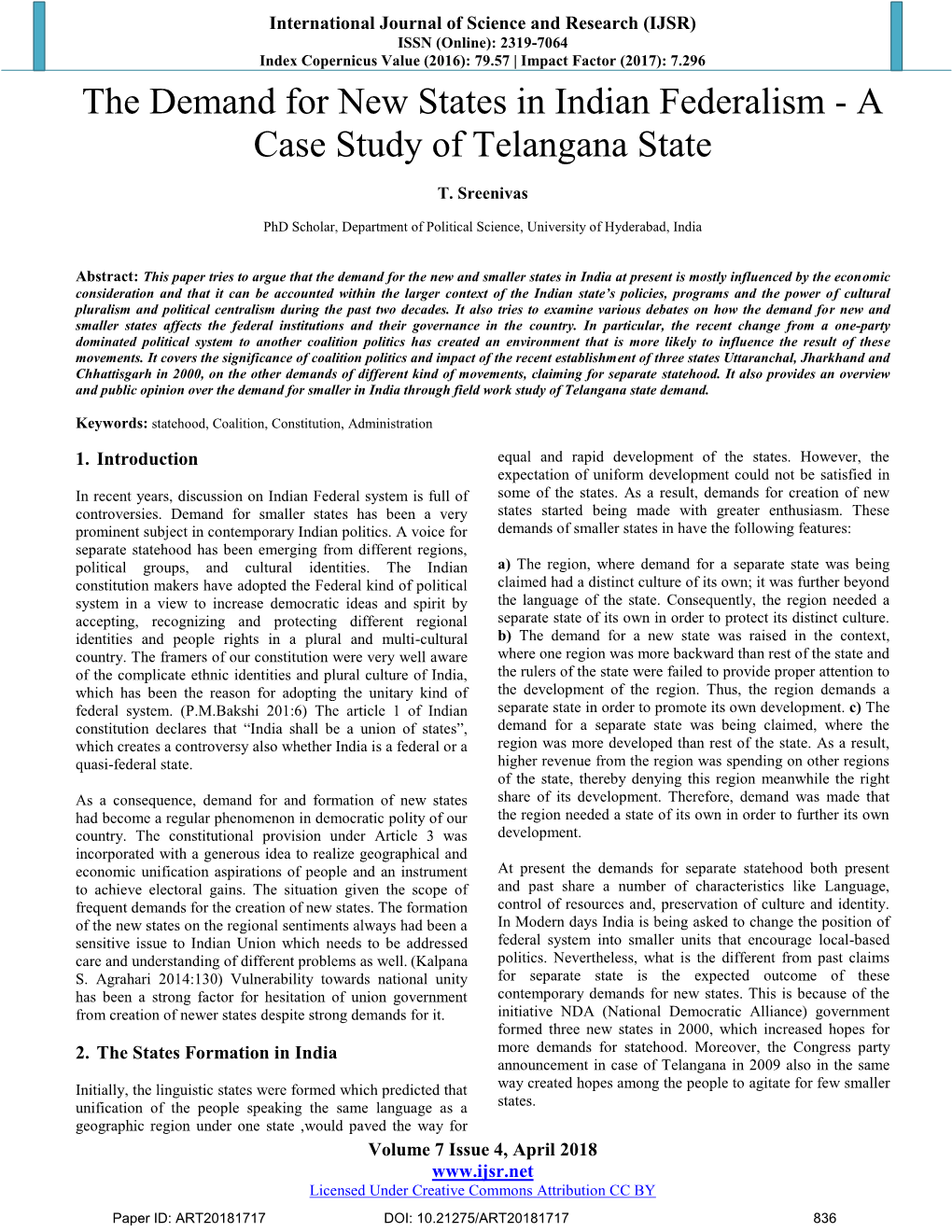 The Demand for New States in Indian Federalism - a Case Study of Telangana State
