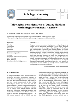 Tribological Considerations of Cutting Fluids in Machining Environment: a Review