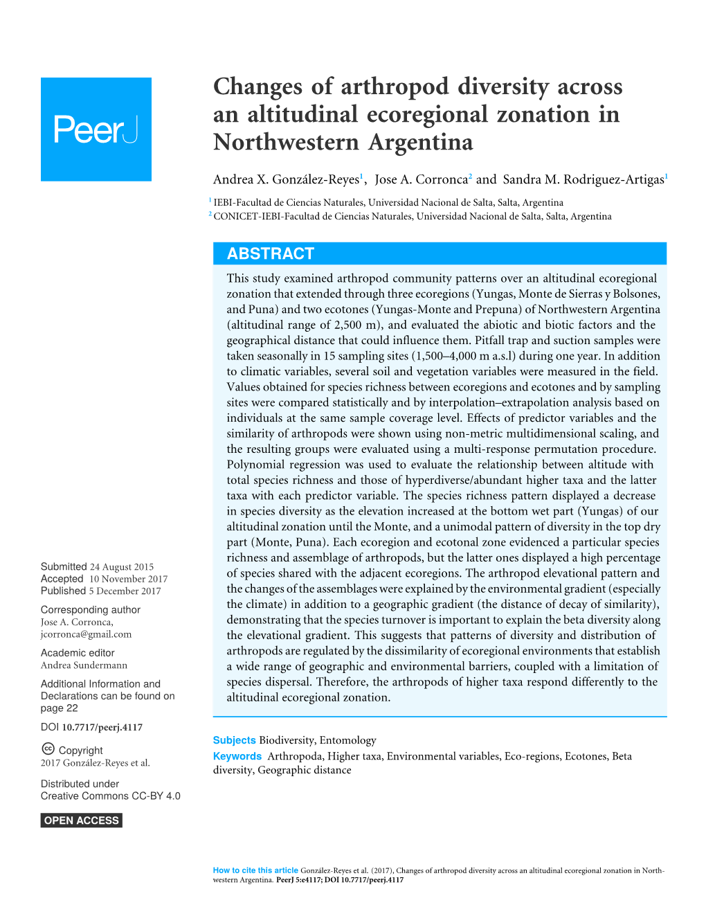 Changes of Arthropod Diversity Across an Altitudinal Ecoregional Zonation in Northwestern Argentina