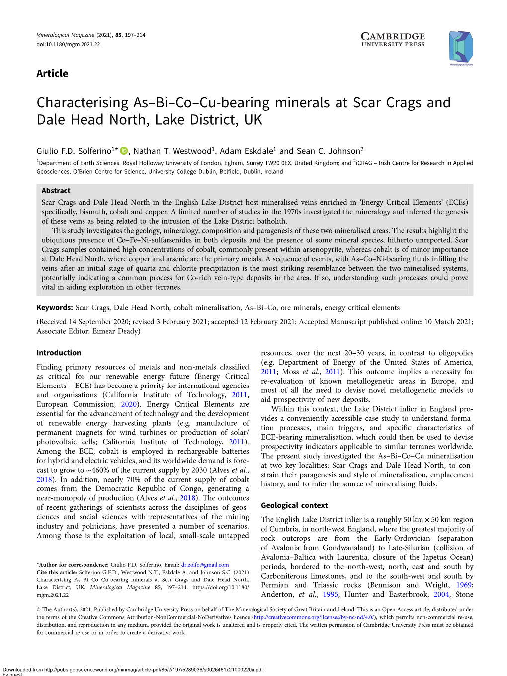 Characterising As–Bi–Co–Cu-Bearing Minerals at Scar Crags and Dale Head North, Lake District, UK