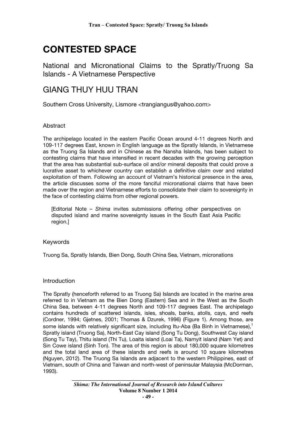 Contested Space: Spratly/ Truong Sa Islands