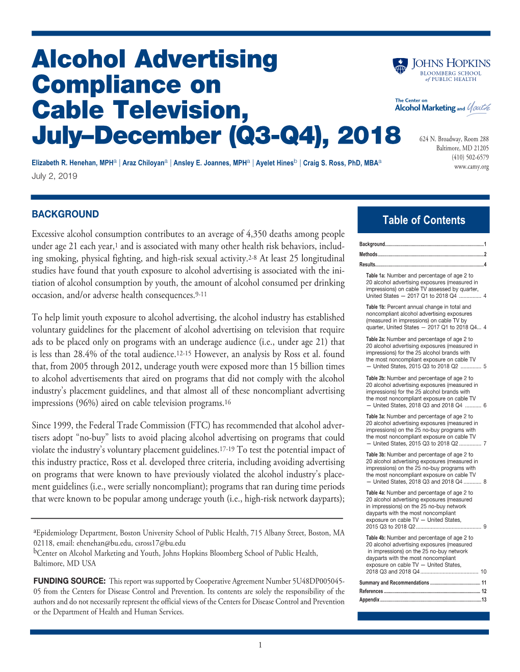 Alcohol Advertising on Cable Television, July-December 2018