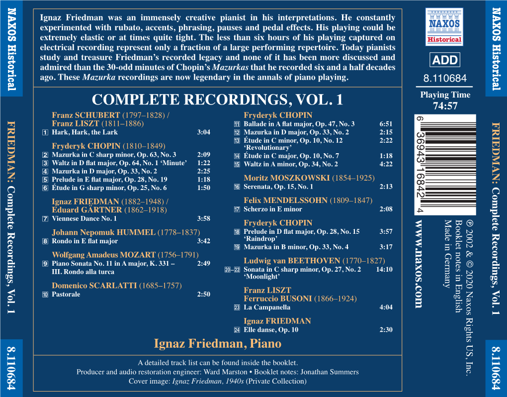 Complete Recordings, Vol. 1 8.110684