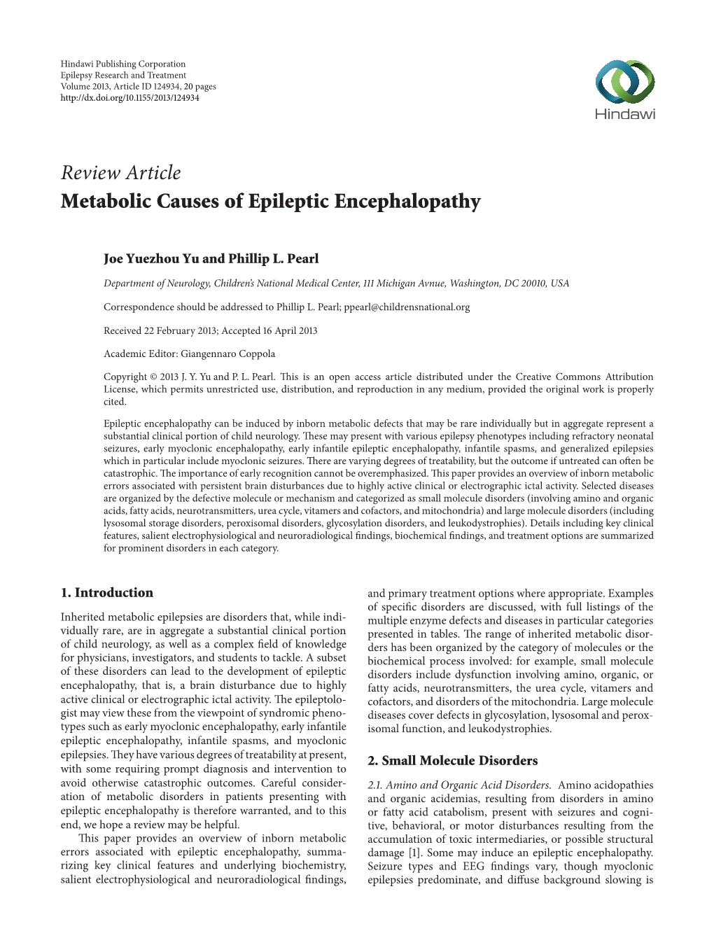 Review Article Metabolic Causes of Epileptic Encephalopathy