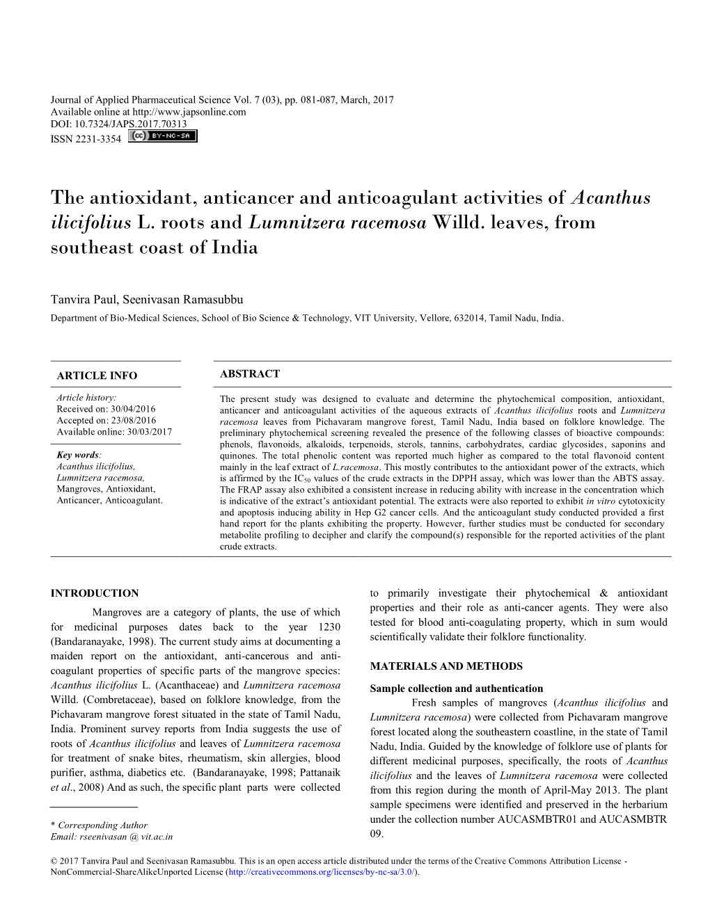 The Antioxidant, Anticancer and Anticoagulant Activities of Acanthus Ilicifolius L