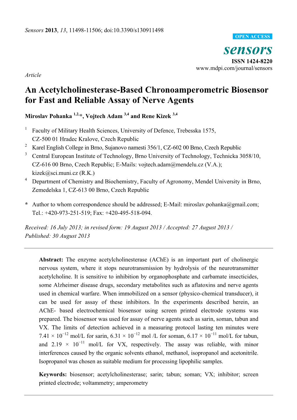 An Acetylcholinesterase-Based Chronoamperometric Biosensor for Fast and Reliable Assay of Nerve Agents