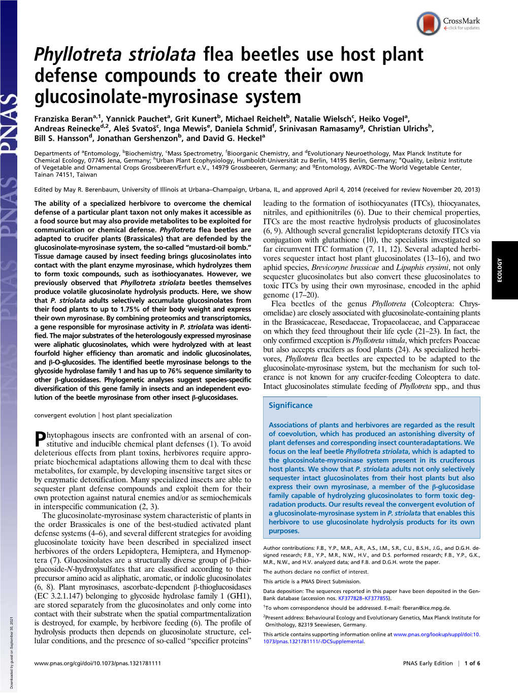 Phyllotreta Striolata Flea Beetles Use Host Plant Defense Compounds to Create Their Own Glucosinolate-Myrosinase System
