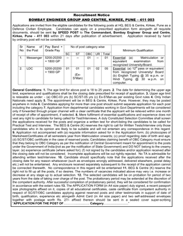 Recruitment Notice BOMBAY ENGINEER GROUP and CENTRE, KIKREE, PUNE – 411 003