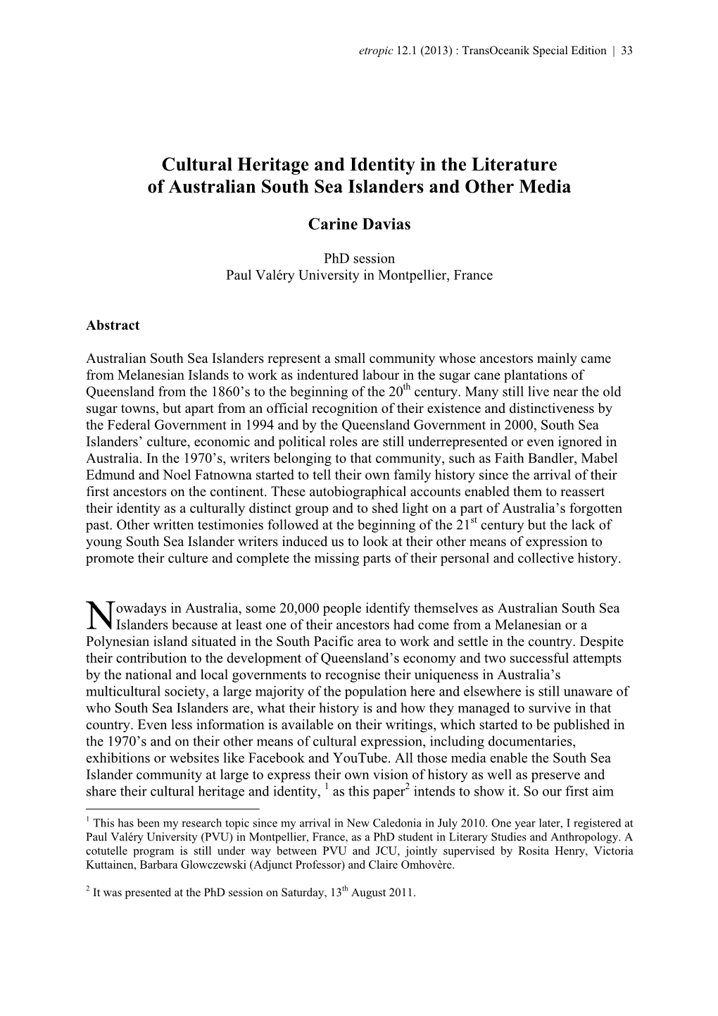 Cultural Heritage and Identity in the Literature of Australian South Sea Islanders and Other Media