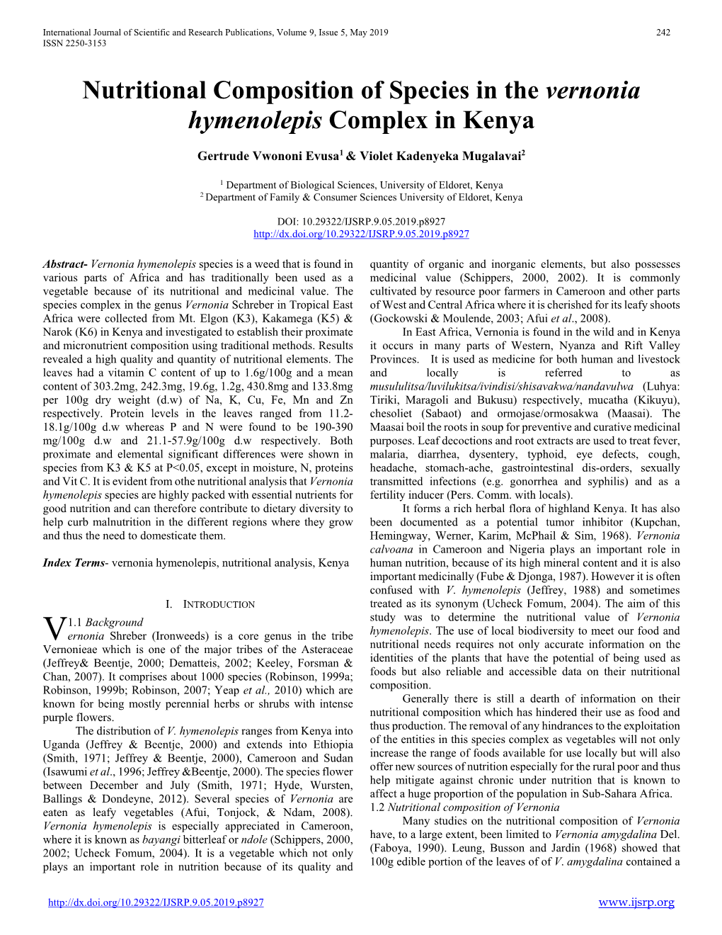 Nutritional Composition of Species in the Vernonia Hymenolepis Complex in Kenya