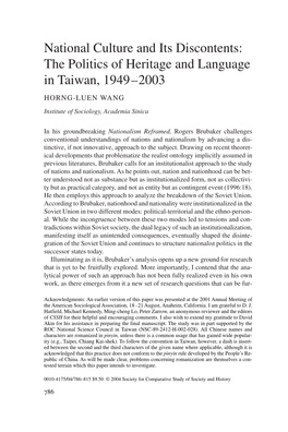 The Politics of Heritage and Language in Taiwan, 1949–2003