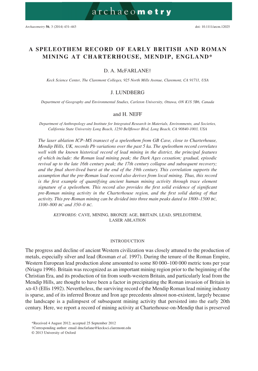 A Speleothem Record of Early British and Roman Mining at Charterhouse, Mendip, England*