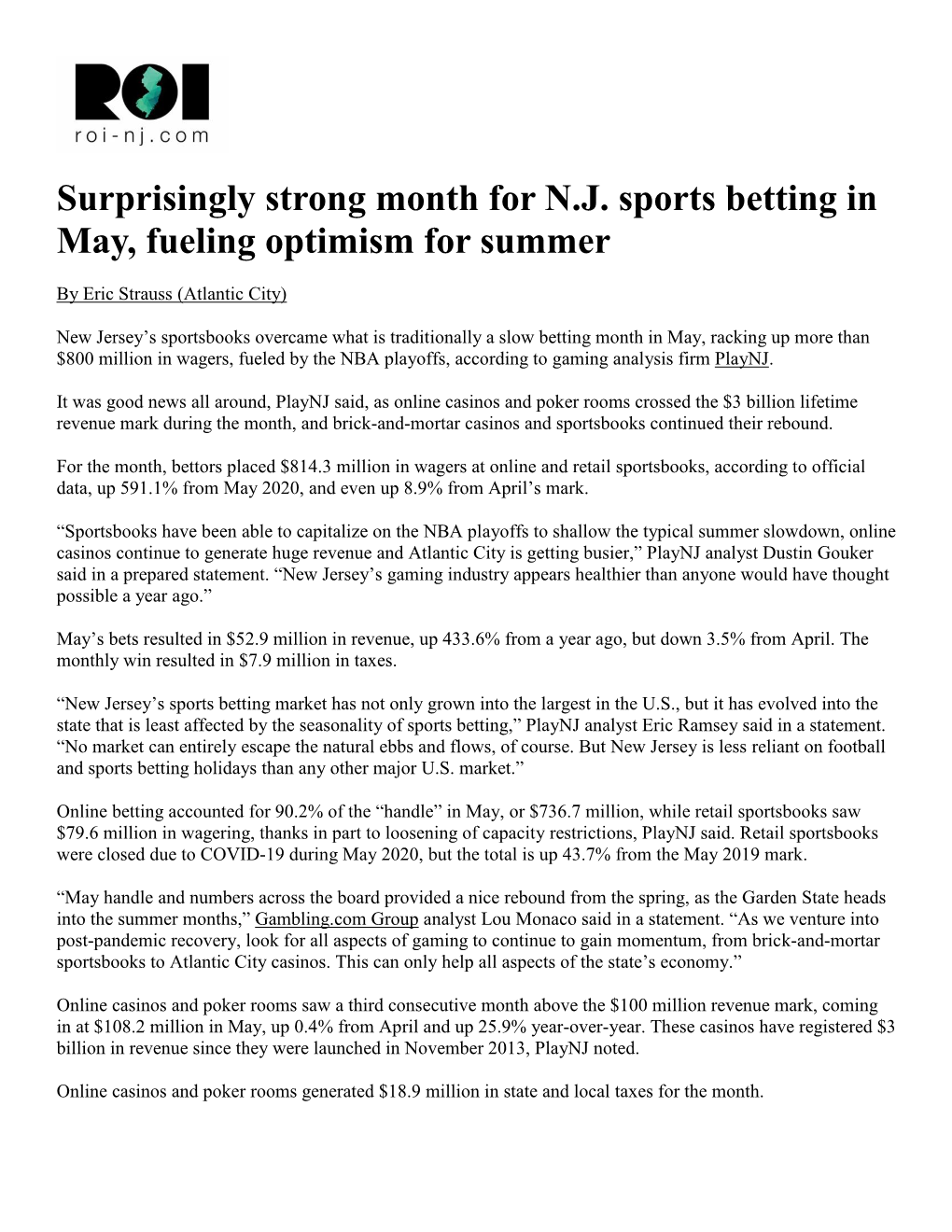 Surprisingly Strong Month for N.J. Sports Betting in May, Fueling Optimism for Summer