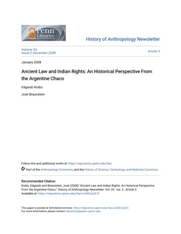 Ancient Law and Indian Rights: an Historical Perspective from the Argentine Chaco