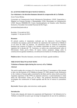 Las Violaciones a Los Derechos Humanos Durante La Recuperación De La Tablada Javier Torres Molina Licenciado En Comunicación Social (Orientación Periodismo), UNLP