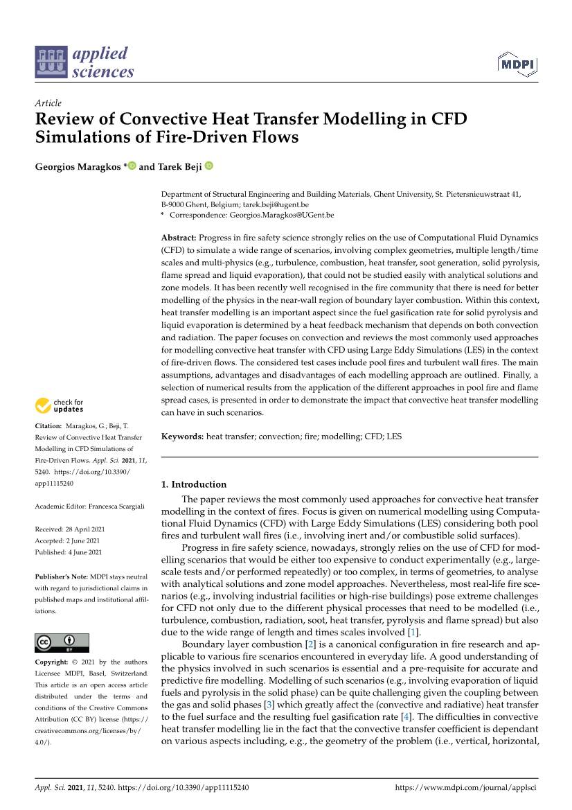 Review of Convective Heat Transfer Modelling in CFD Simulations of Fire-Driven Flows