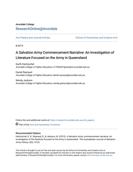 A Salvation Army Commencement Narrative: an Investigation of Literature Focused on the Army in Queensland
