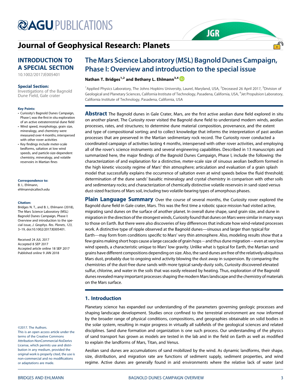 The Mars Science Laboratory (MSL) Bagnold Dunes Campaign, a SPECIAL SECTION Phase I: Overview and Introduction to the Special Issue 10.1002/2017JE005401 Nathan T