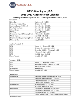 BASIS Washington, DC 2021-2022 Academic Year Calendar