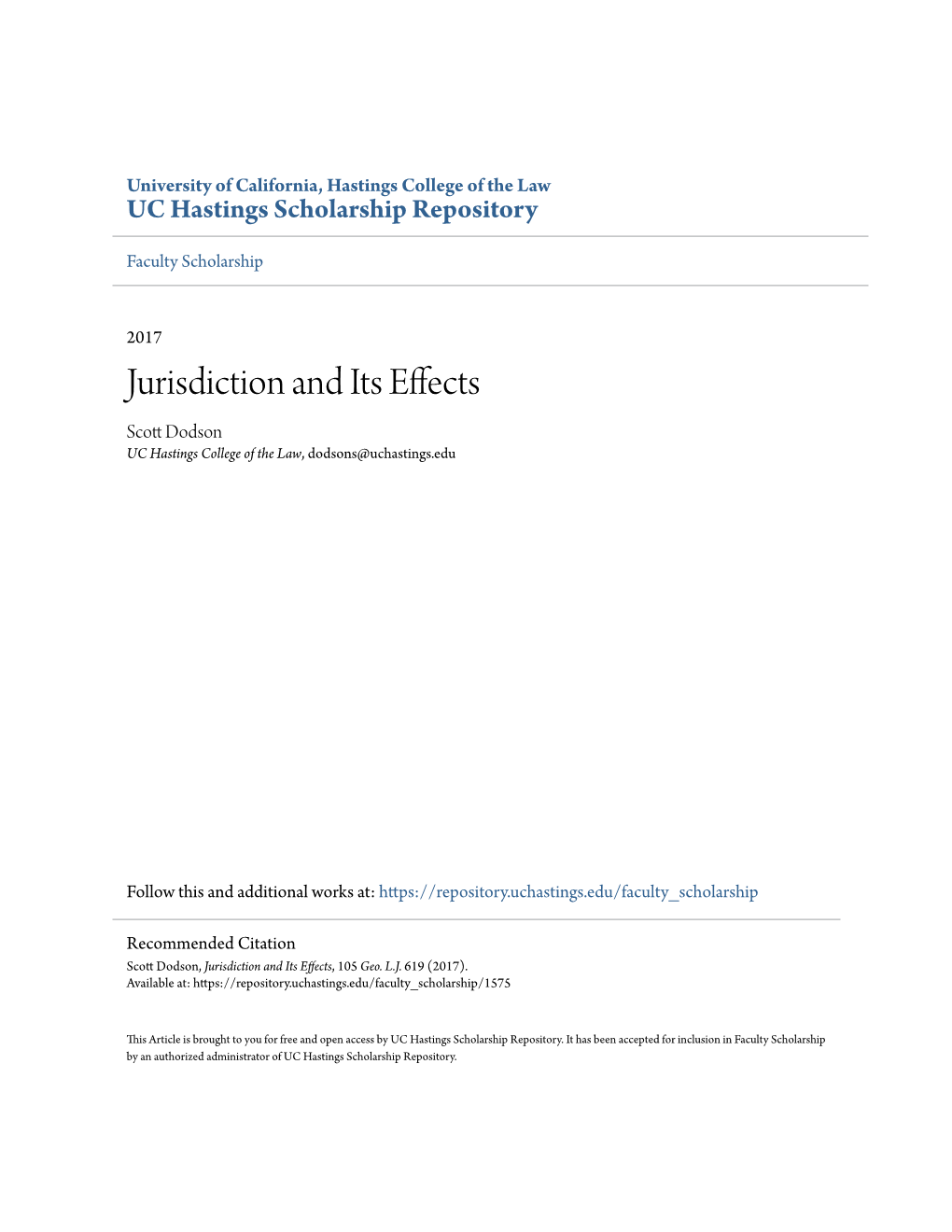 Jurisdiction and Its Effects Scott Od Dson UC Hastings College of the Law, Dodsons@Uchastings.Edu