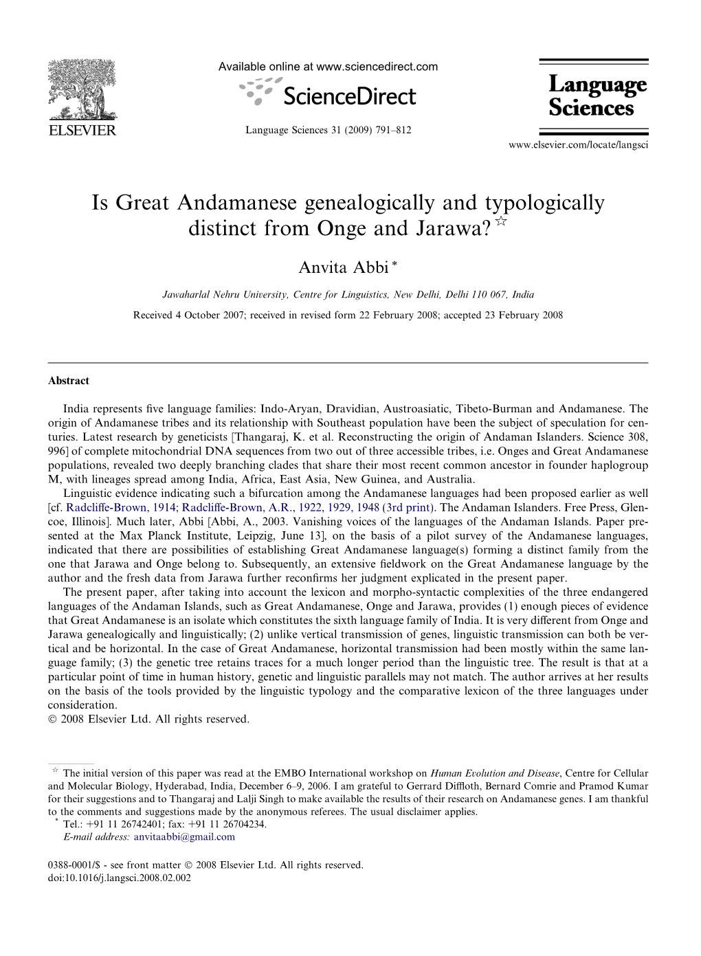 Is Great Andamanese Genealogically and Typologically Distinct from Onge and Jarawa? Q