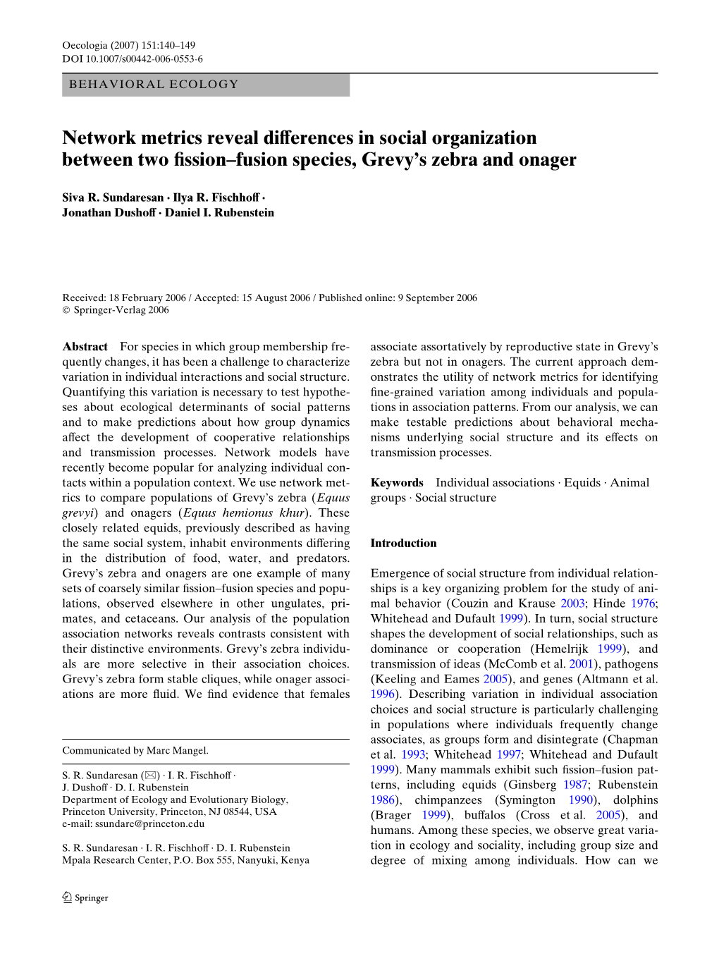 Network Metrics Reveal Diverences in Social Organization Between Two Wssion–Fusion Species, Grevy's Zebra and Onager