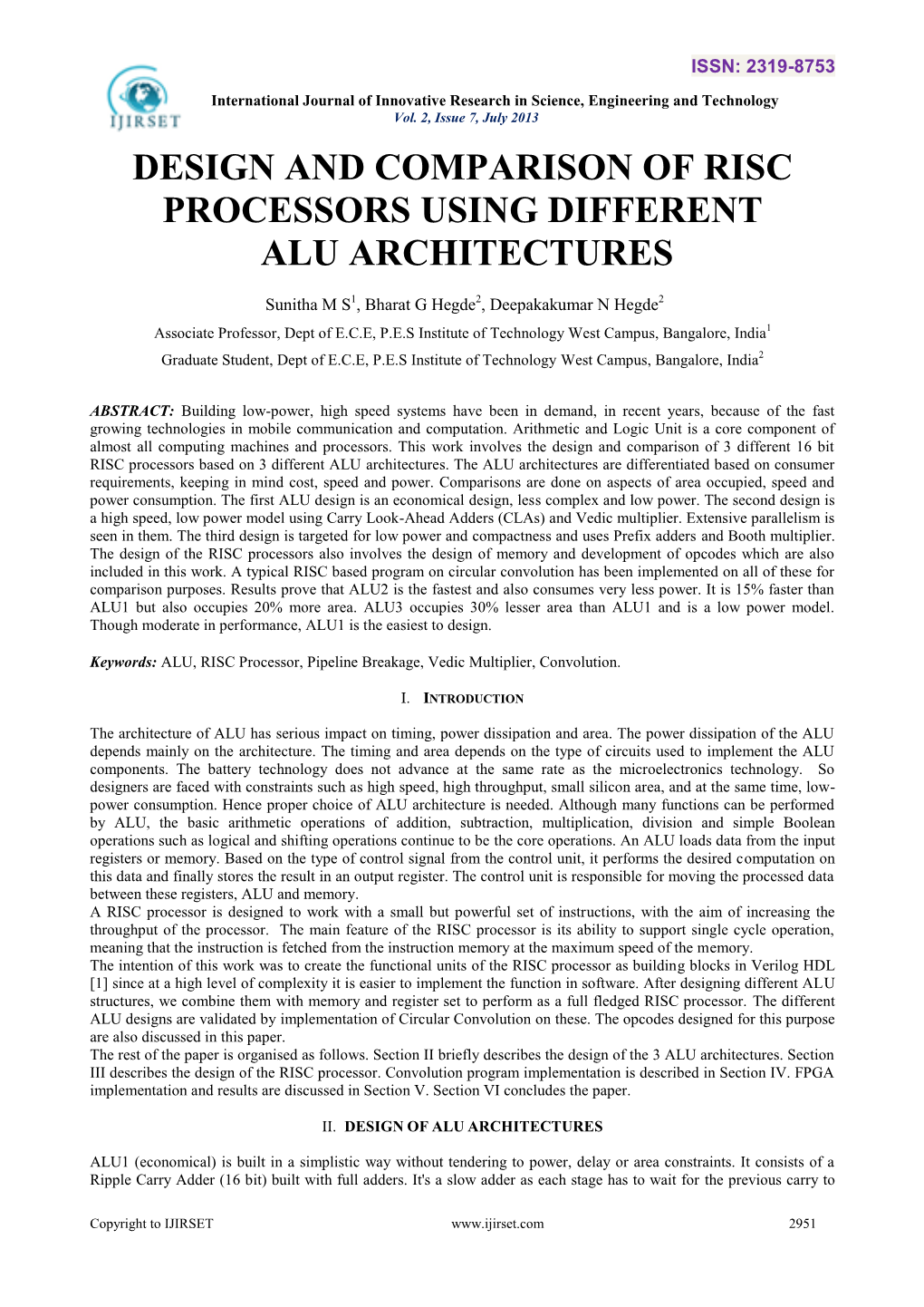 Design and Comparison of Risc Processors Using Different Alu Architectures