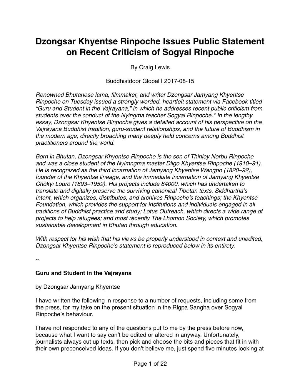 Dzongsar Khyentse Rinpoche Issues Public Statement on Recent Criticism of Sogyal Rinpoche