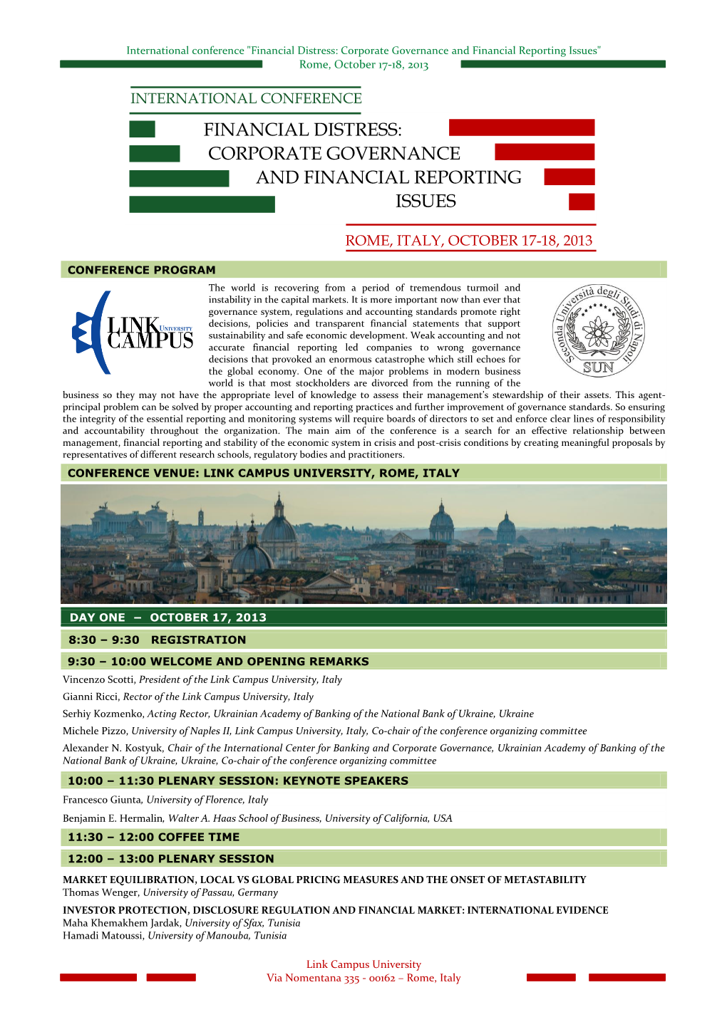 Financial Distress: Corporate Governance and Financial Reporting Issues" Rome, October 17-18, 2013