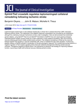 Epha4/Tie2 Crosstalk Regulates Leptomeningeal Collateral Remodeling Following Ischemic Stroke