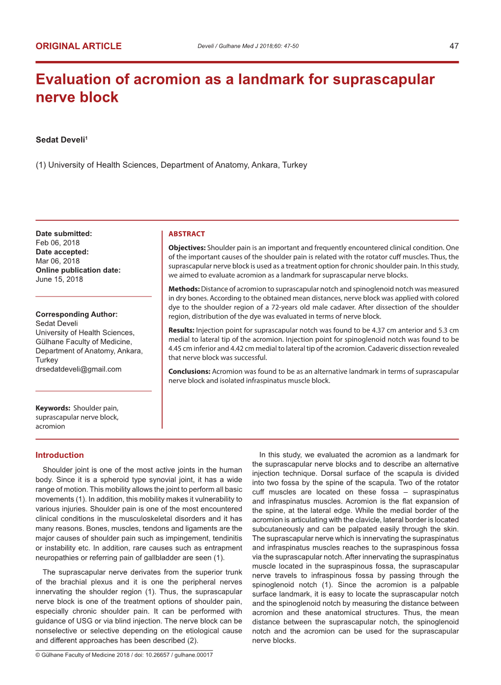 Evaluation of Acromion As a Landmark for Suprascapular Nerve Block
