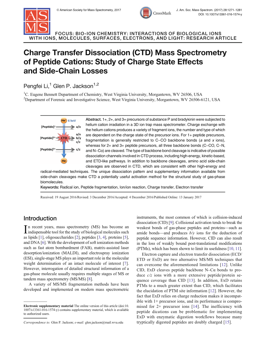 Charge Transfer Dissociation (CTD) Mass Spectrometry of Peptide Cations: Study of Charge State Effects and Side-Chain Losses