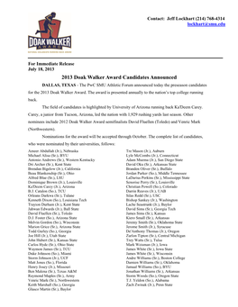 2013 Doak Walker Award Candidates Announced DALLAS, TEXAS - the Pwc SMU Athletic Forum Announced Today the Preseason Candidates for the 2013 Doak Walker Award