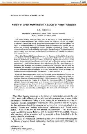 History of Greek Mathematics: a Survey of Recent Research