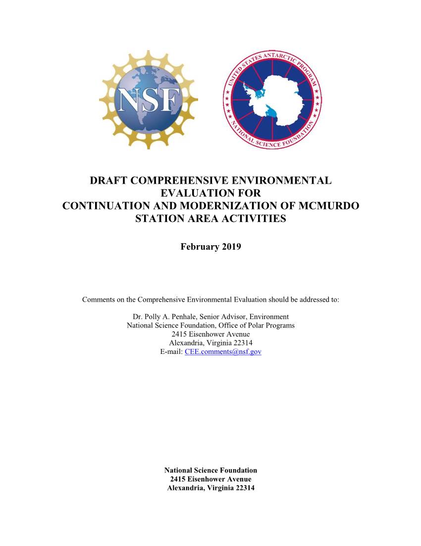 Draft Comprehensive Environmental Evaluation for Continuation and Modernization of Mcmurdo Station Area Activities
