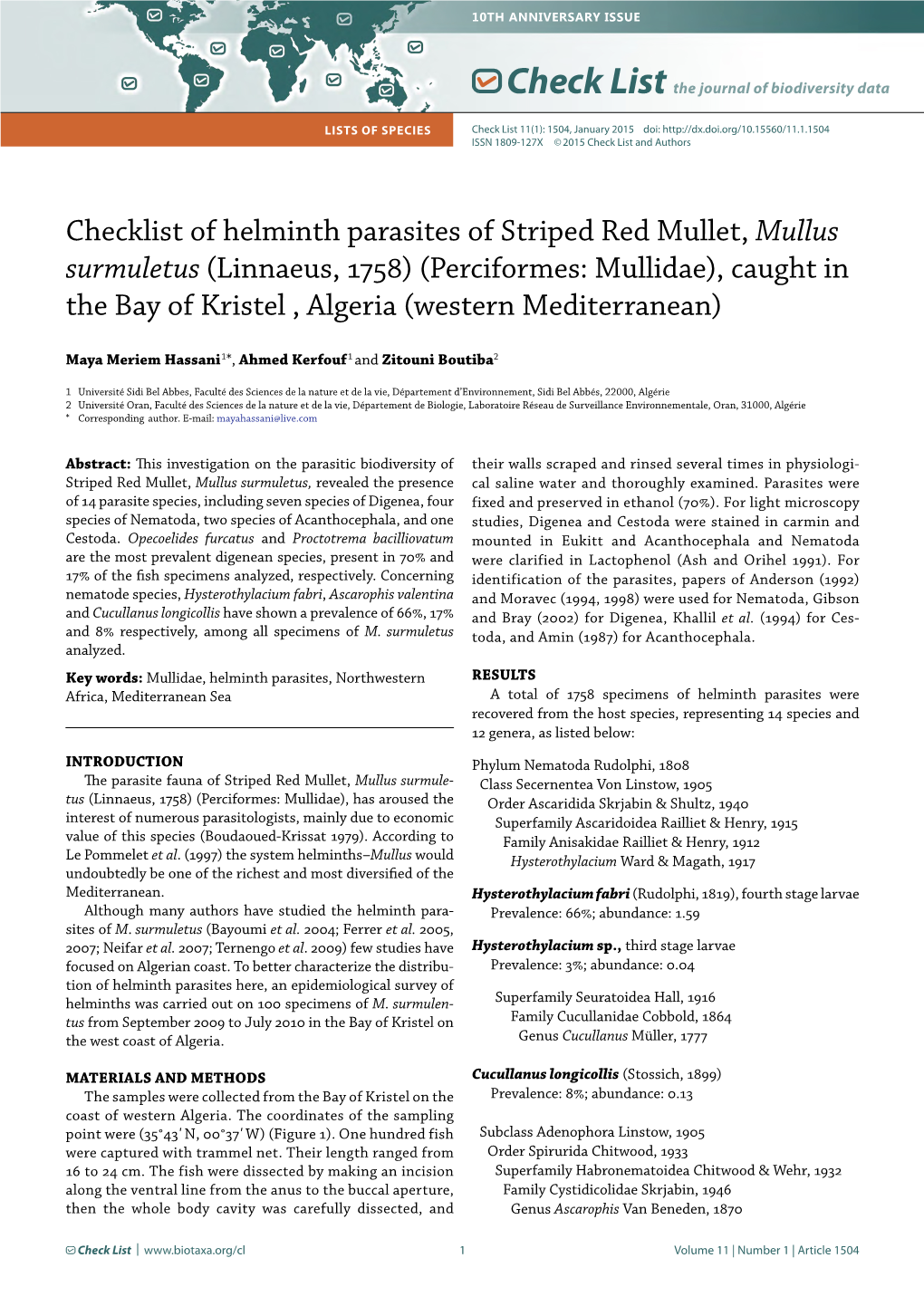 Checklist of Helminth Parasites of Striped Red Mullet, Mullus Surmuletus