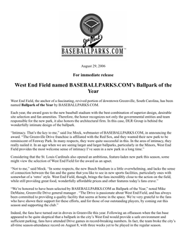West End Field Named BASEBALLPARKS.COM's Ballpark of the Year