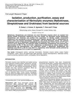 Nattokinase, Streptokinase and Urokinase) from Bacterial Sources