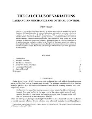 The Calculus of Variations Lagrangian Mechanics and Optimal Control